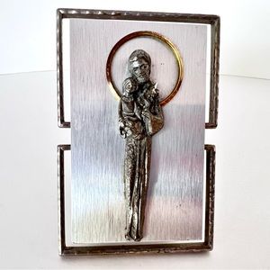 Vintage A.L. 88% Pure Pewter Jesus Religious Figurine On Wooden Plaque Italy